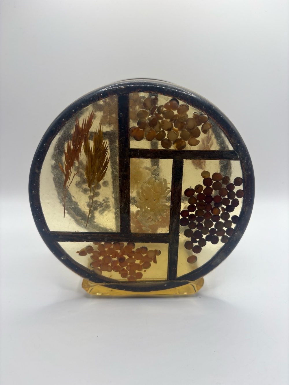 Vintage 1970s Resin Napkin Holder Real Dried Flowers Seeds Grains MCM Boho 5”